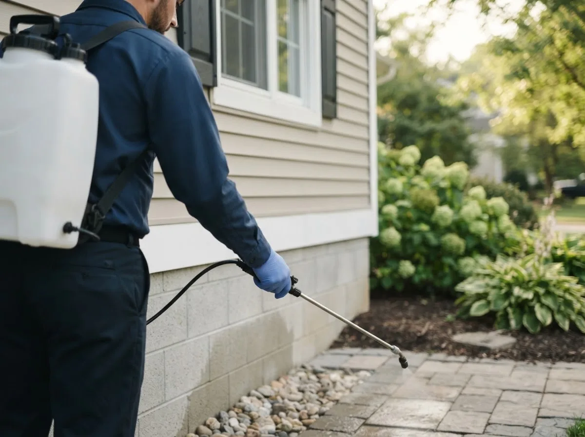 Pest control technician inspecting a home in Thompsonville, MI